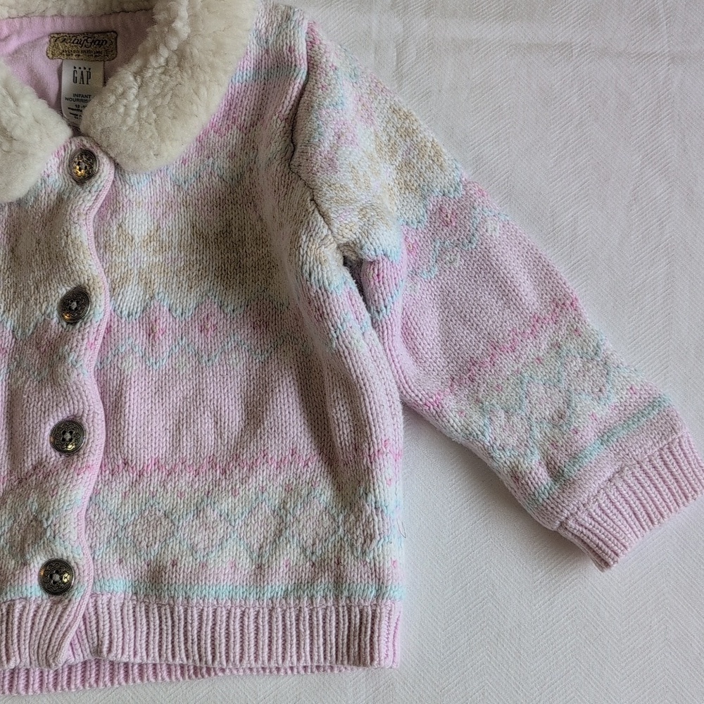 vintage Y2K babyGap fair isle faux fur collar knit cardigan sweater 12-18 months - Picture 7 of 11